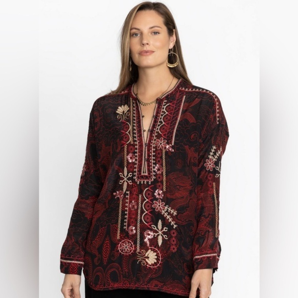 Johnny Was Embroidered Belinda Silk Long Sleeve Tunic Top in Red and Black XL